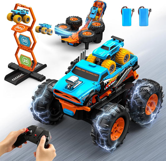 ENEPHE 2-in-1 Remote Control Car with Transform Launcher Track – 1:16 RC Monster Truck Toys 2.4GHz, Self-Standing 360° Flips Towing Mini Cars & Electric Scoring Gate Truck Gift for Kids Boys Girls Age 4-12
