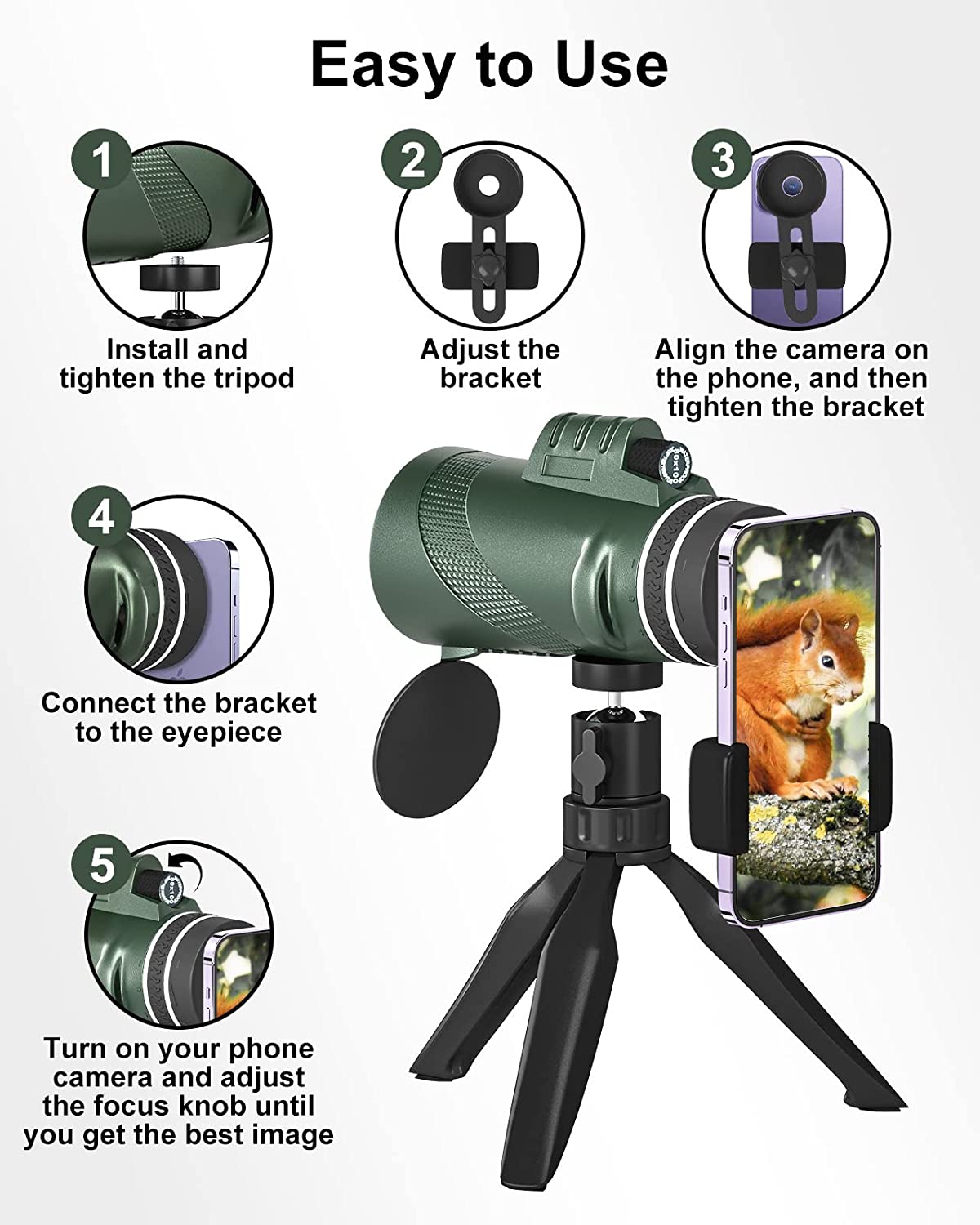 80x100 Monocular Telescope for Adults High Powered Lightweight Monoculars with Smartphone Adapter Tripod Compact Waterproof Monocular for Hunting Stargazing Bird Watching Hiking Travel
