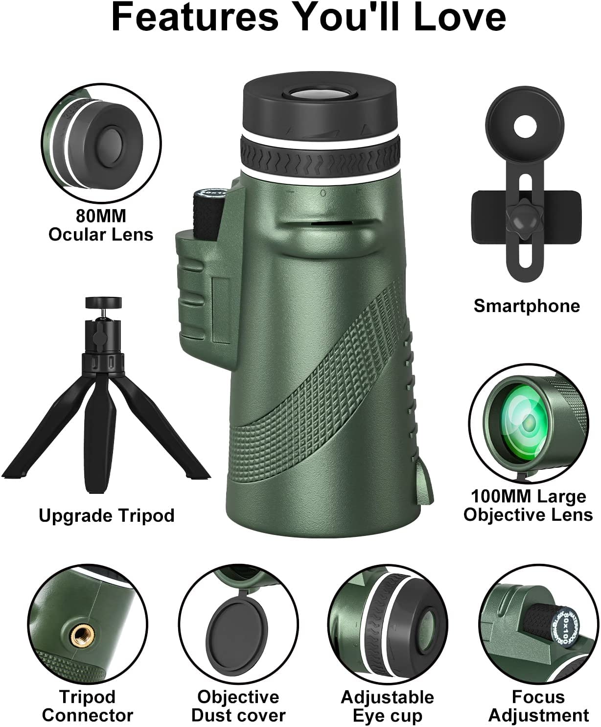 80x100 Monocular Telescope for Adults High Powered Lightweight Monoculars with Smartphone Adapter Tripod Compact Waterproof Monocular for Hunting Stargazing Bird Watching Hiking Travel