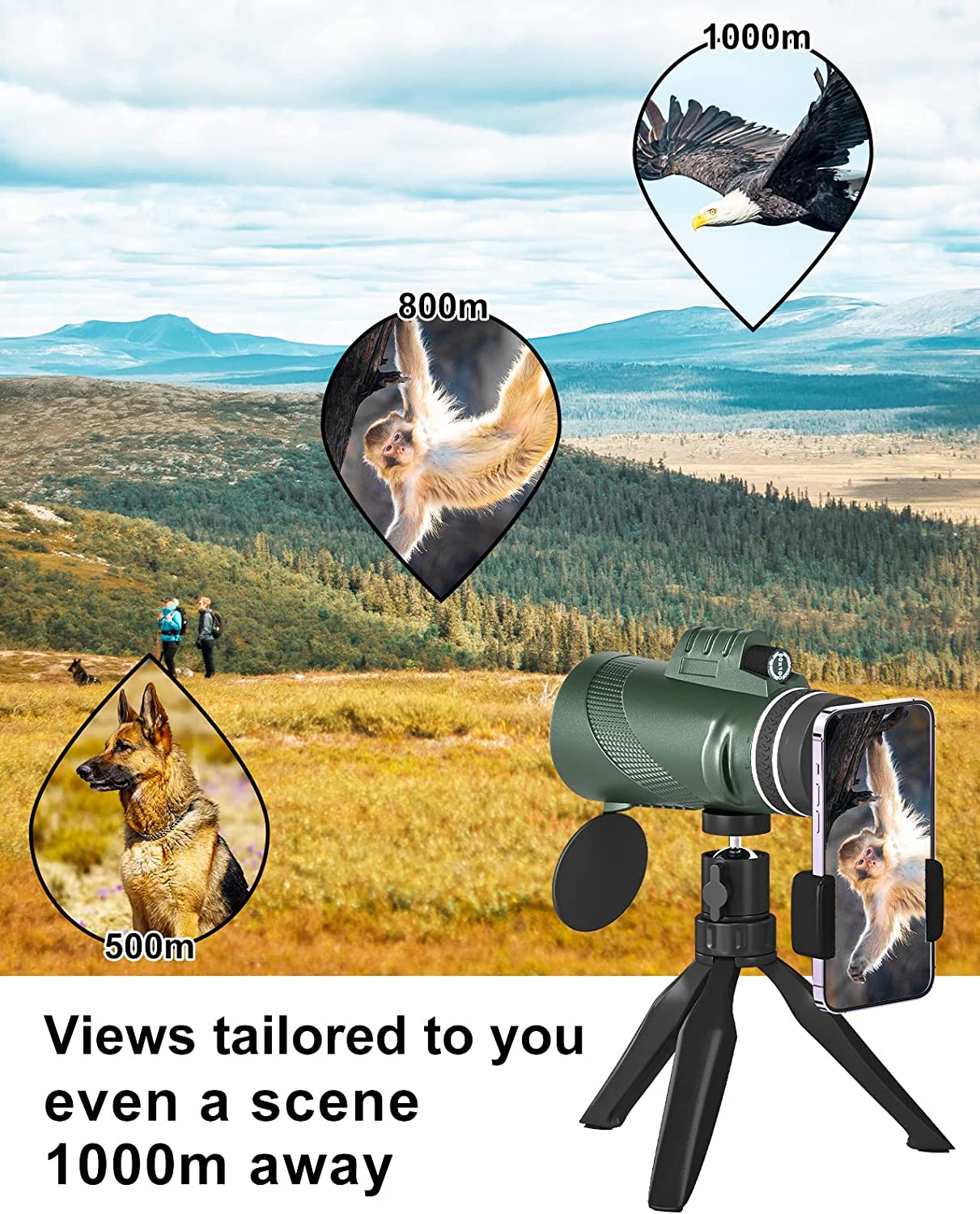 80x100 Monocular Telescope for Adults High Powered Lightweight Monoculars with Smartphone Adapter Tripod Compact Waterproof Monocular for Hunting Stargazing Bird Watching Hiking Travel