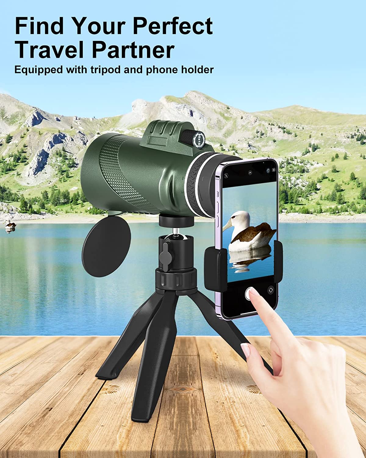 80x100 Monocular Telescope for Adults High Powered Lightweight Monoculars with Smartphone Adapter Tripod Compact Waterproof Monocular for Hunting Stargazing Bird Watching Hiking Travel