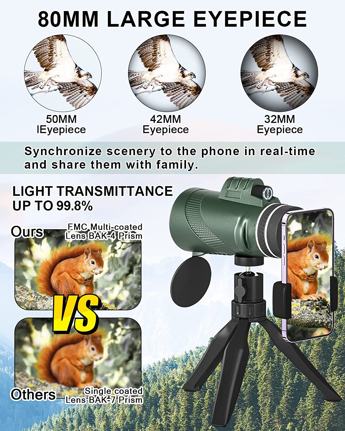 80x100 Monocular Telescope for Adults High Powered Lightweight Monoculars with Smartphone Adapter Tripod Compact Waterproof Monocular for Hunting Stargazing Bird Watching Hiking Travel