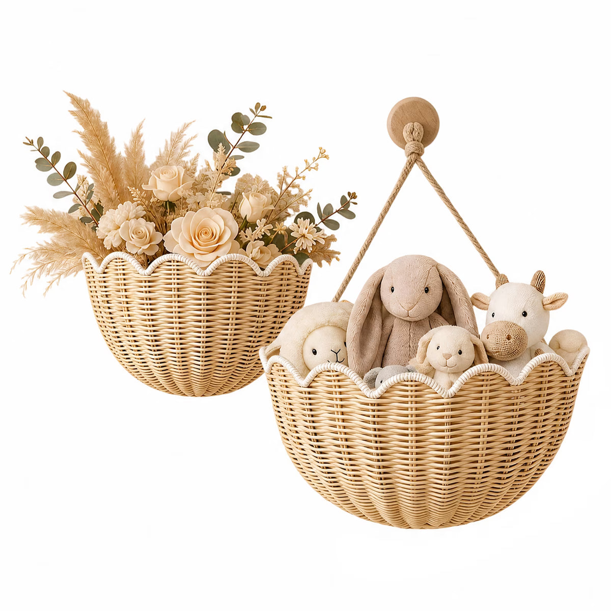 2-Piece Handwoven Rattan Wall Baskets, Scalloped Wicker Hanging Storage for Nursery and Bathroom