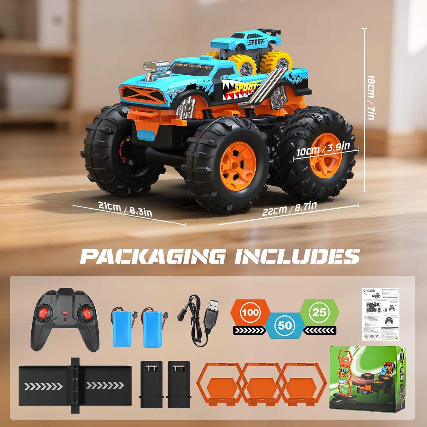 ENEPHE 2-in-1 Remote Control Car with Transform Launcher Track – 1:16 RC Monster Truck Toys 2.4GHz, Self-Standing 360° Flips Towing Mini Cars & Electric Scoring Gate Truck Gift for Kids Boys Girls Age 4-12