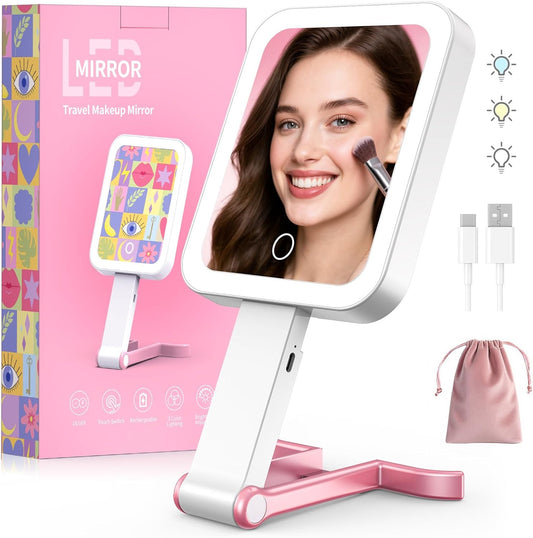 Travel Makeup Mirror with Lights 10X/1X Double-Sided Magnifying LED Beauty Mirror Rechargeable Portable Vanity Mirror with 3 Color Lighting Smart Touch Dimming Desktop Handheld Hanging Pink