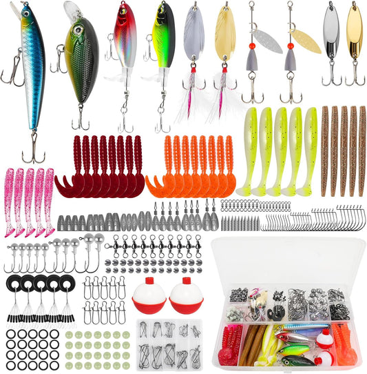 Fishing Lures Kit for Freshwater Bait Tackle Kit for Bass Trout Salmon Fishing Accessories Tackle Box Including Spoon Lures Soft Plastic Worms Gifts for Men