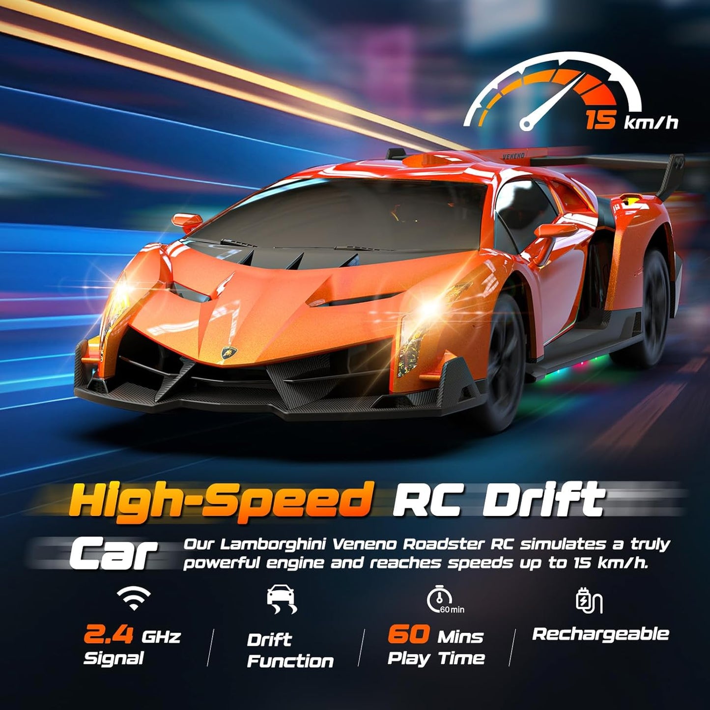ENEPHE Lamborghini Remote Control Car Toy, Officially Licensed RC Drift Car 15Km/h with Underglow & Headlights, 1:24 Scale 2.4GHz, 2 Batteries 60 Min Play, RC Gift Toy for Boys & Girls Ages 3-12 & Adults