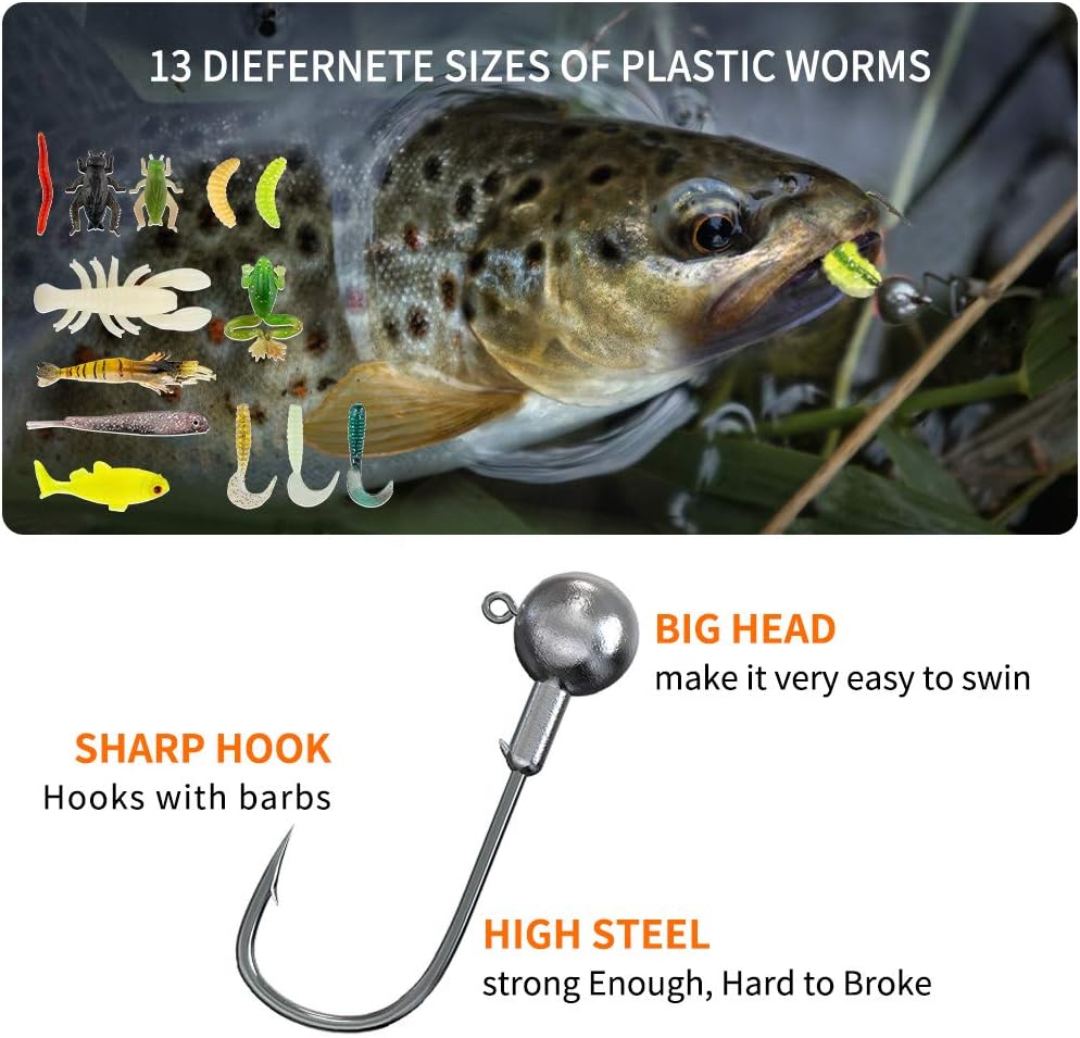 Fishing Lures Kit for Freshwater Bait Tackle Kit for Bass Trout Salmon Fishing Accessories Tackle Box Including Spoon Lures Soft Plastic Worms Gifts for Men