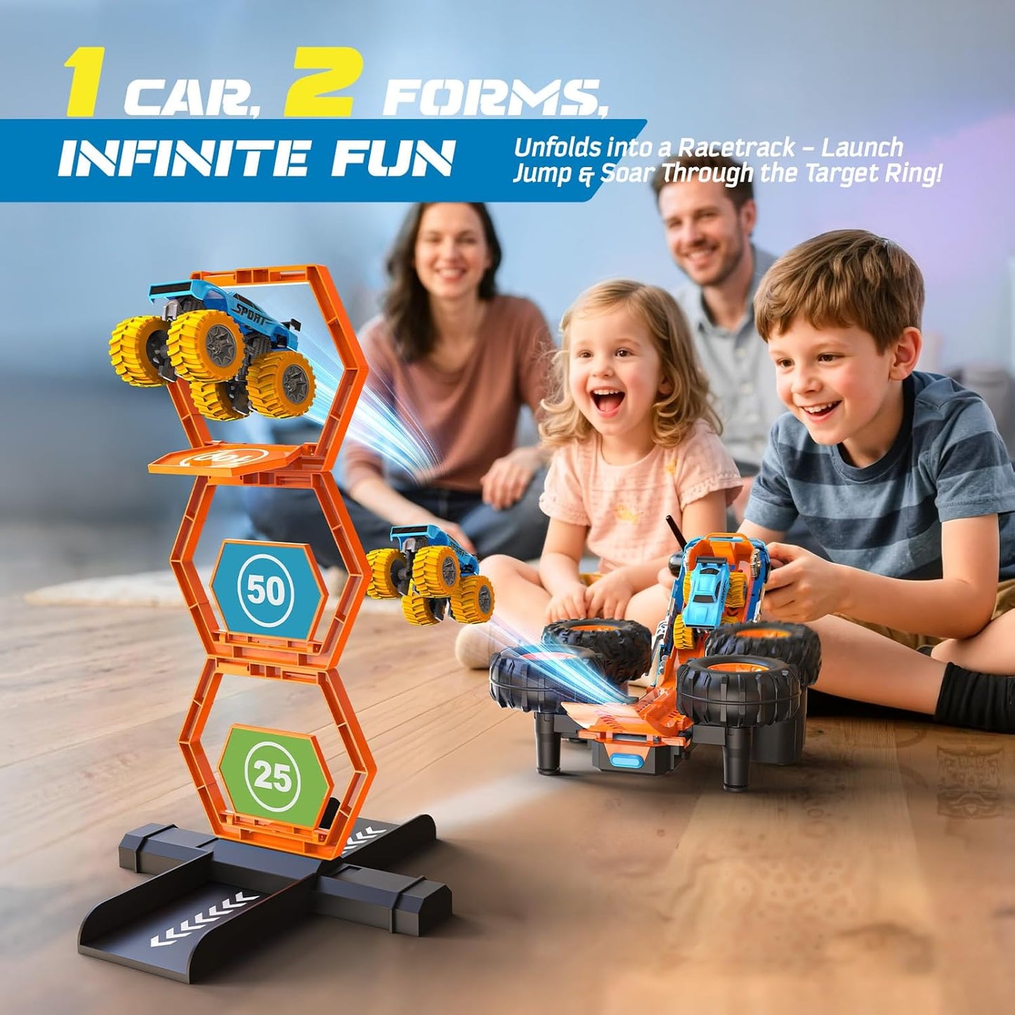 ENEPHE 2-in-1 Remote Control Car with Transform Launcher Track – 1:16 RC Monster Truck Toys 2.4GHz, Self-Standing 360° Flips Towing Mini Cars & Electric Scoring Gate Truck Gift for Kids Boys Girls Age 4-12