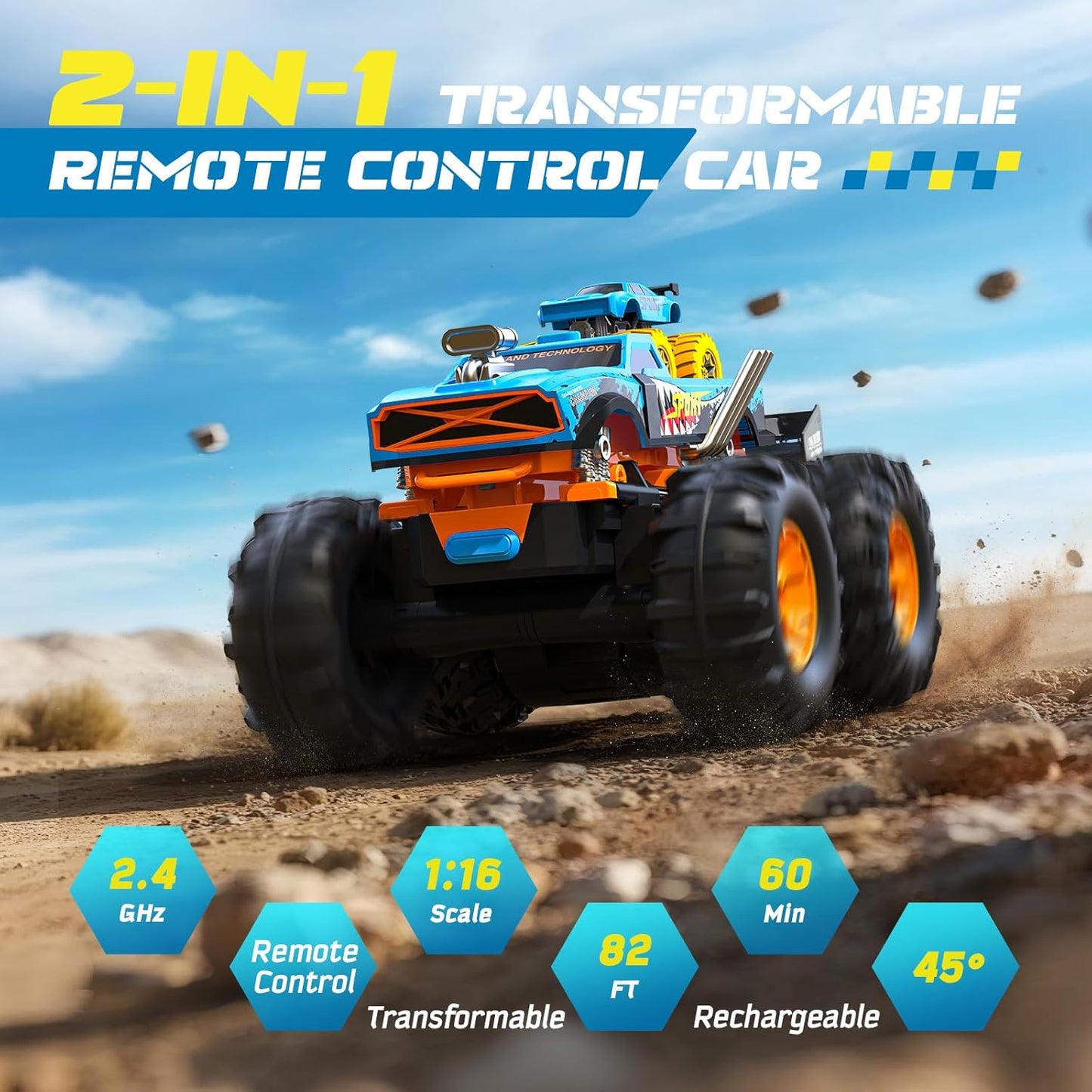 ENEPHE 2-in-1 Remote Control Car with Transform Launcher Track – 1:16 RC Monster Truck Toys 2.4GHz, Self-Standing 360° Flips Towing Mini Cars & Electric Scoring Gate Truck Gift for Kids Boys Girls Age 4-12