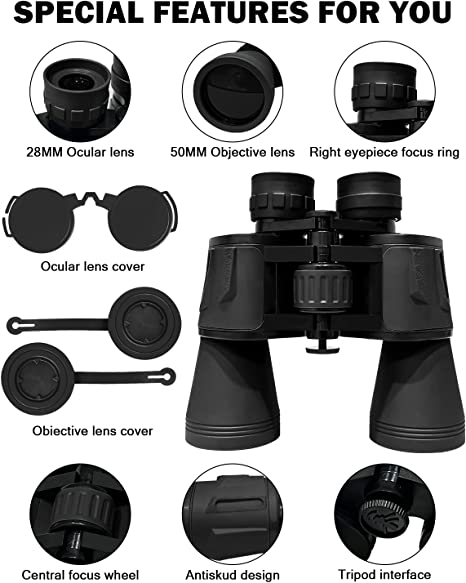 GOANDO 20x50 Binoculars for Adults and Kids High Power Compact Binoculars Large Waterproof Binoculars with Low Light Night Vision for Hunting Bird Watching Travel Sightseeing Outdoor Sports, Black