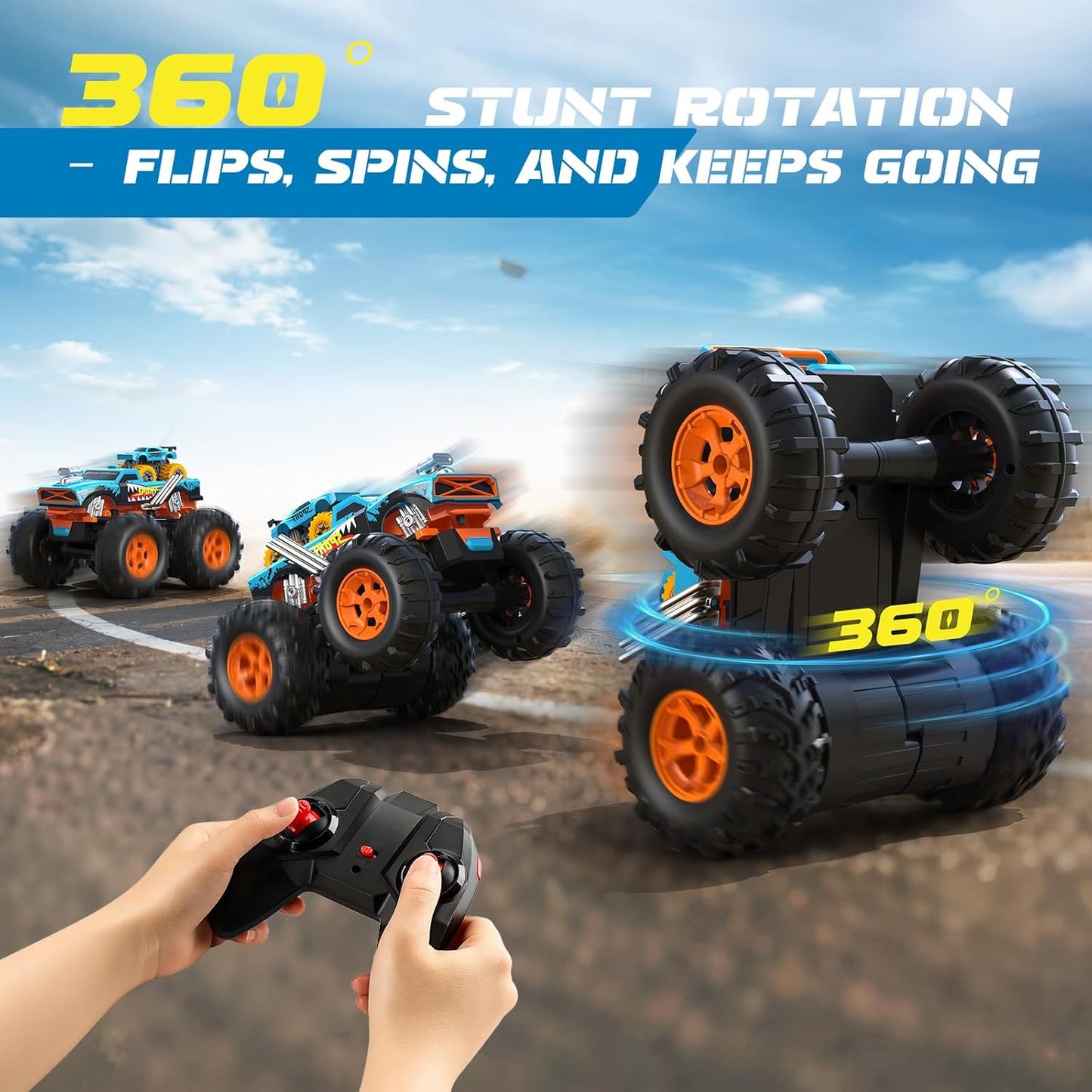 ENEPHE 2-in-1 Remote Control Car with Transform Launcher Track – 1:16 RC Monster Truck Toys 2.4GHz, Self-Standing 360° Flips Towing Mini Cars & Electric Scoring Gate Truck Gift for Kids Boys Girls Age 4-12