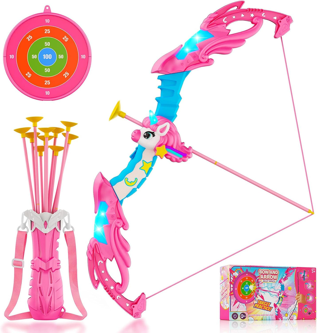 Bow and Arrow for Kids, Unicorn Toys for Girls, LED Light-Up Archery Set