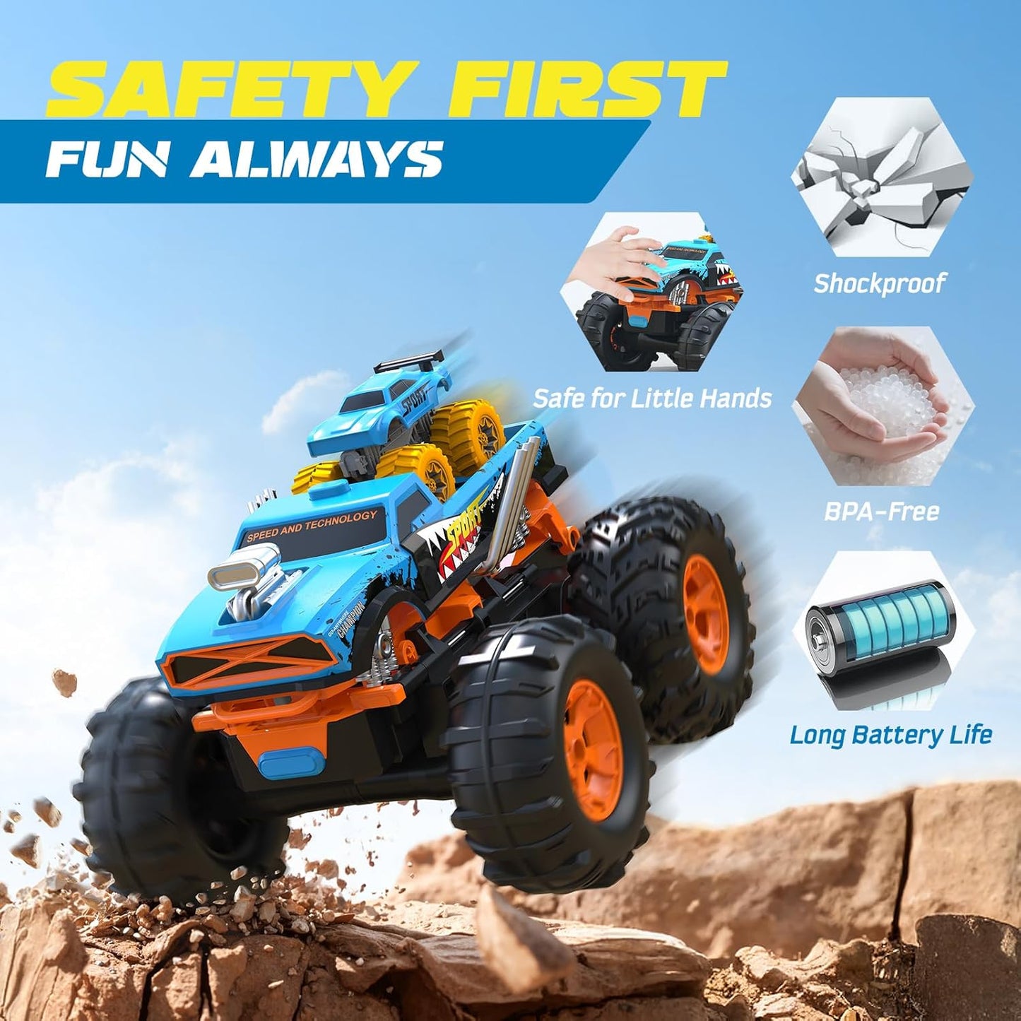 ENEPHE 2-in-1 Remote Control Car with Transform Launcher Track – 1:16 RC Monster Truck Toys 2.4GHz, Self-Standing 360° Flips Towing Mini Cars & Electric Scoring Gate Truck Gift for Kids Boys Girls Age 4-12