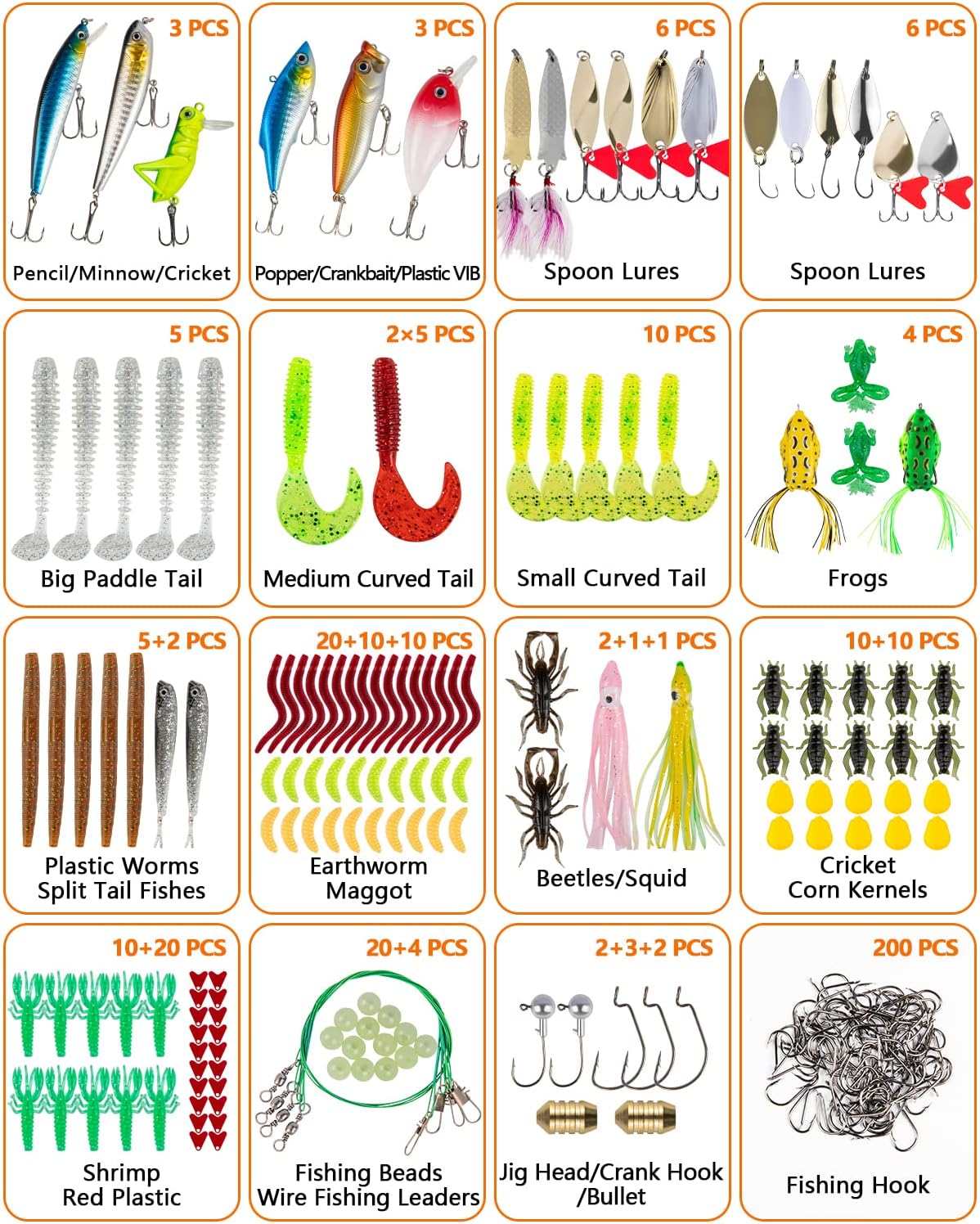 GOANDO Fishing Lures Kit for Freshwater Bait Tackle Kit for Bass Trout Salmon Fishing Accessories Tackle Box Including Spoon Lures Soft Plastic Worms Fishing Gifts