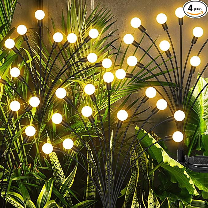 GOANDO Solar Garden Lights 48 LED Firefly Lights 4 Pack Solar Outdoor Lights Waterproof Starburst Swaying Garden Decor Lights for Yard Patio Pathway Decoration