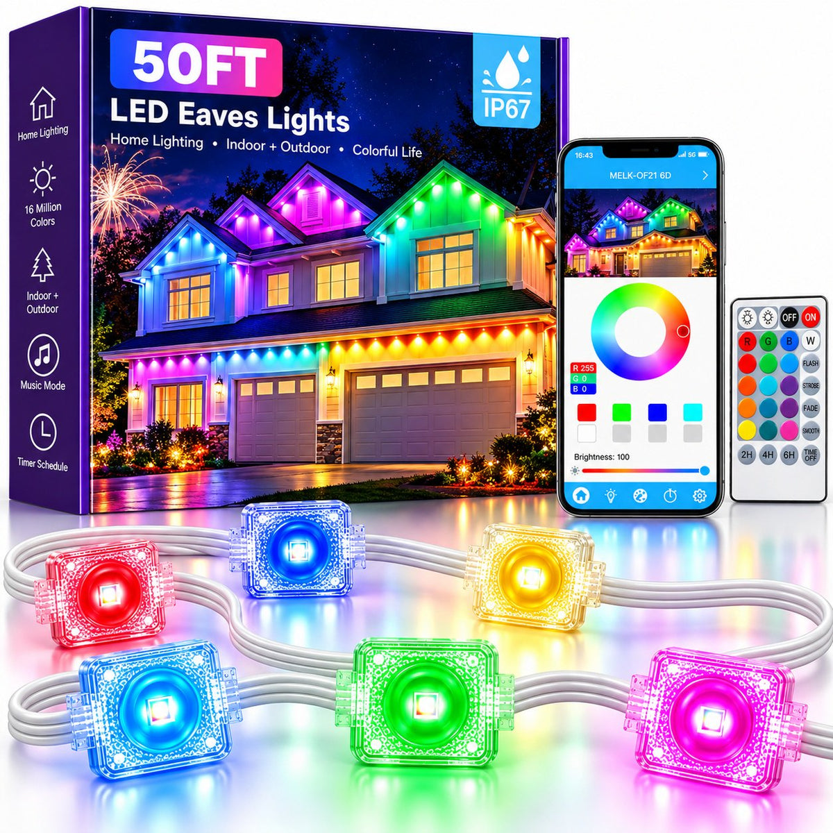 GOANDO 50FT Permanent Outdoor Lights for House, Smart RGB Eaves Lights,50 Scene Modes, App/Remote Control, IP67 Waterproof, for Christmas, Halloween, Thanksgiving, Daily & Holiday Decor