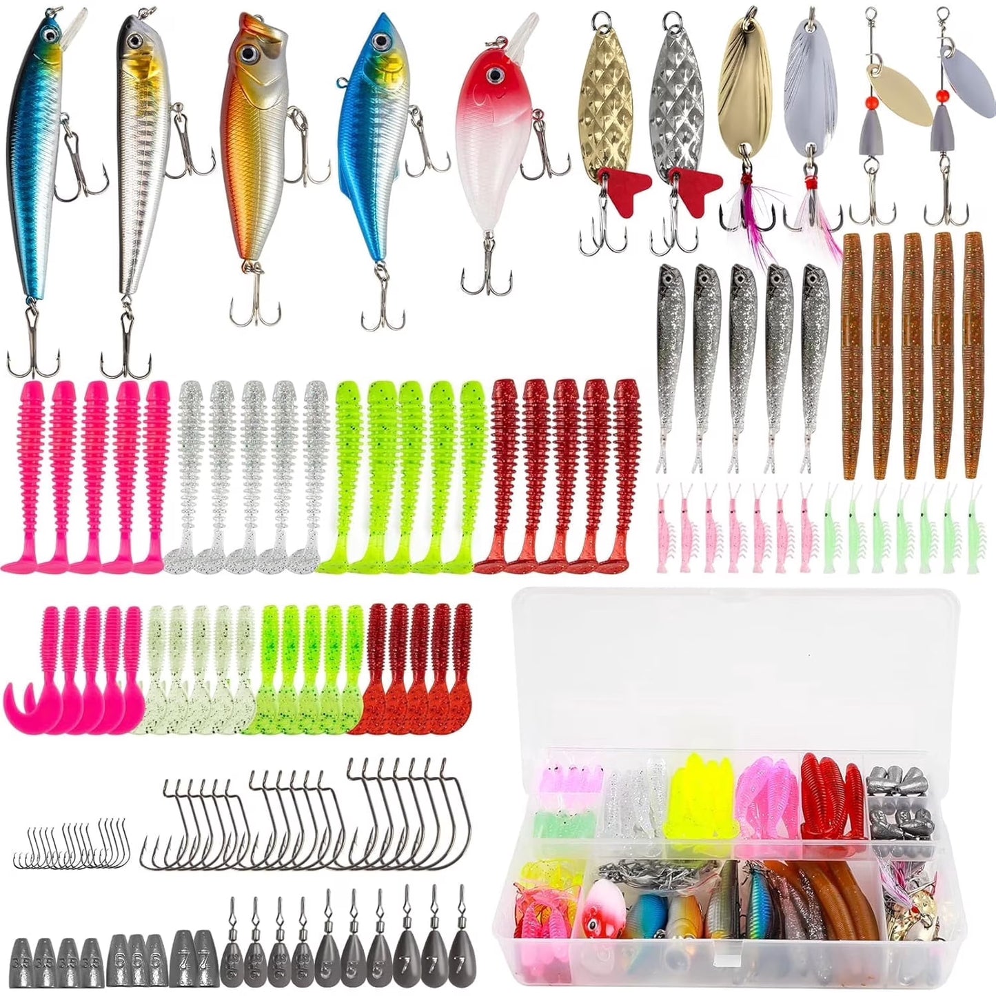 GOANDO Fishing Lures, 78pcs Fishing Gear Included Tackle Box for Bass/Saltwater/Trout/Worms, Fishing Gifts for Men