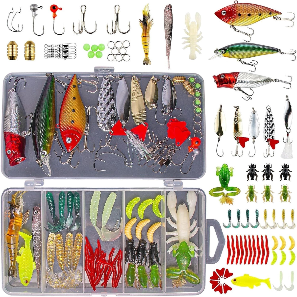 GOANDO Fishing Lures, 78pcs Fishing Gear Included Tackle Box for Bass/Saltwater/Trout/Worms, Fishing Gifts for Men